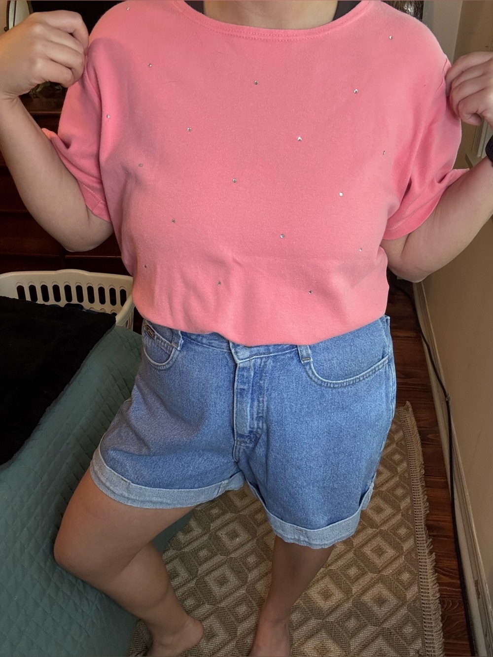 90s grandmacore Pink Short-Sleeve Embellished Top - Women's